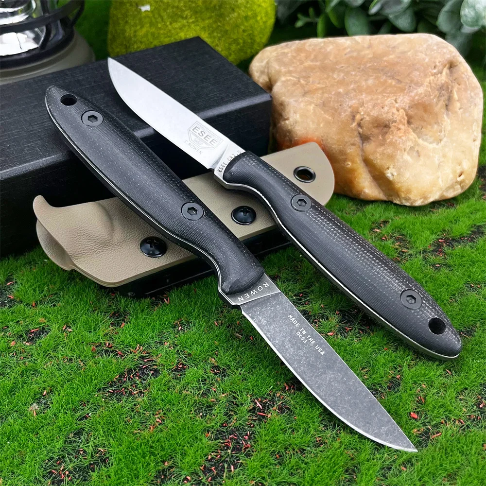 ESEE-cuchillo recto pequeño con mango de lino, hoja fija lavada con piedra, herramienta táctica de supervivencia, cuchillo de utilidad para caza con funda Kydex