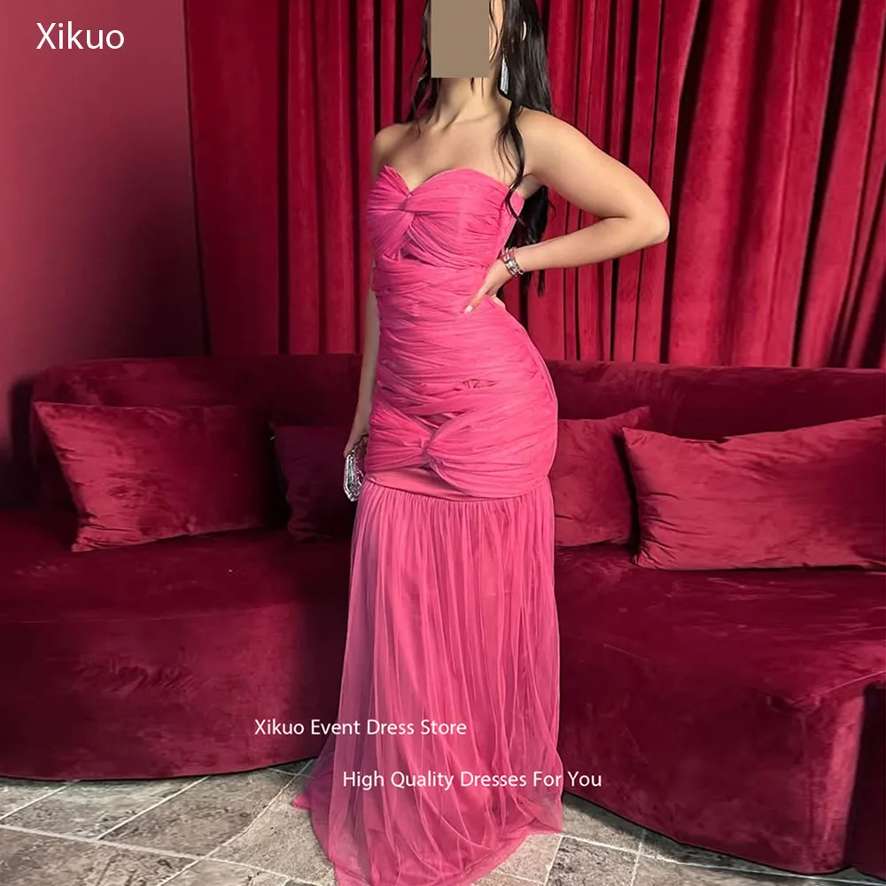 Xikuo Gaun Malam Tulle Romantis Gaun Prom Pesta Koktail Korset Ruched Wanita Musim Panas Jubah Sweetheart A Line Disesuaikan