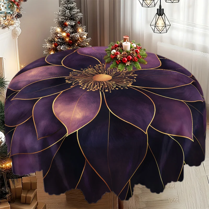 Artistic purple floral print tablecloth, made of woven polyester, suitable for picnics and campingzyc