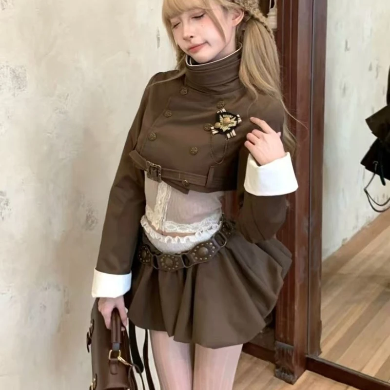 

Осенне-зимний сексуальный ретро-элегантный комплект из 3-х предметов для женщин в консервативном стиле Y2k Короткое пальто + кружевная шикарная блузка + мини-юбка в стиле ретро с высокой талией