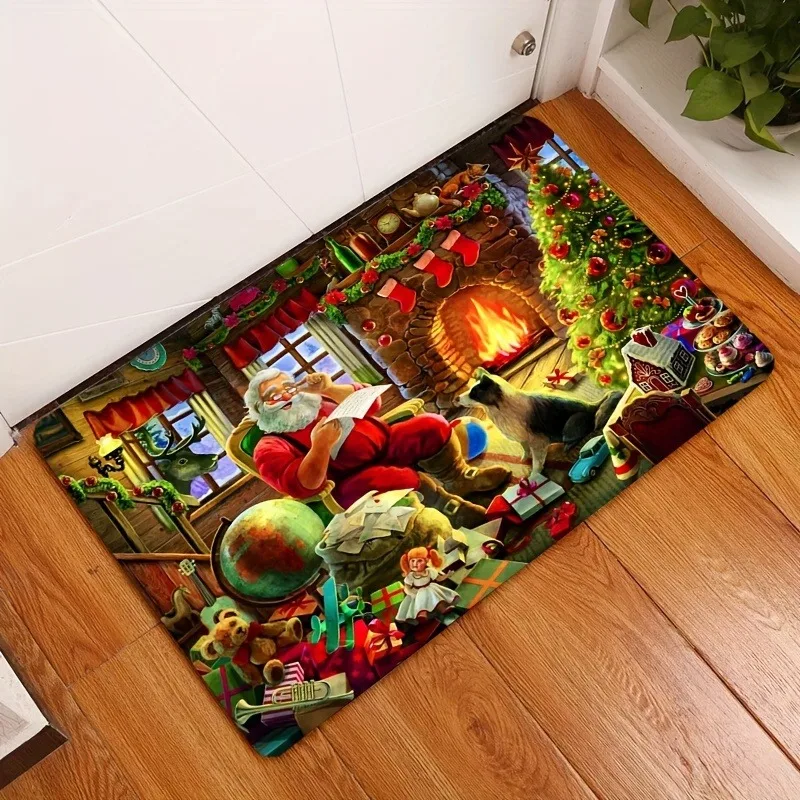 Santa Claus Christmas Flannel Door Mat Fireplace Gift Toy Xmas Print Non‑Slip Floor Rug for Indoor Entryway Holiday Home Decor