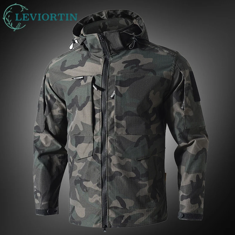 Men's Camo Tactical Jacket Spring Fall Outdoor Windbreaker with Detachable Hood Multi-Pocket Wear Resistant Coat Hiking Training