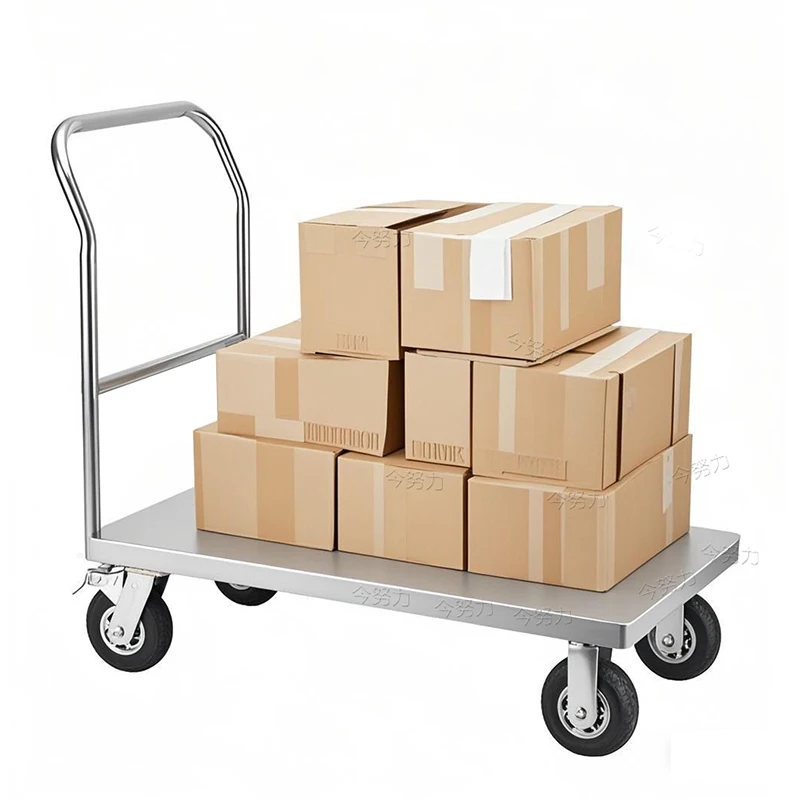 Welded single-layer stainless steel flat cart, laboratory silent hand push, pull cargo handling trailer, thickened trolley
