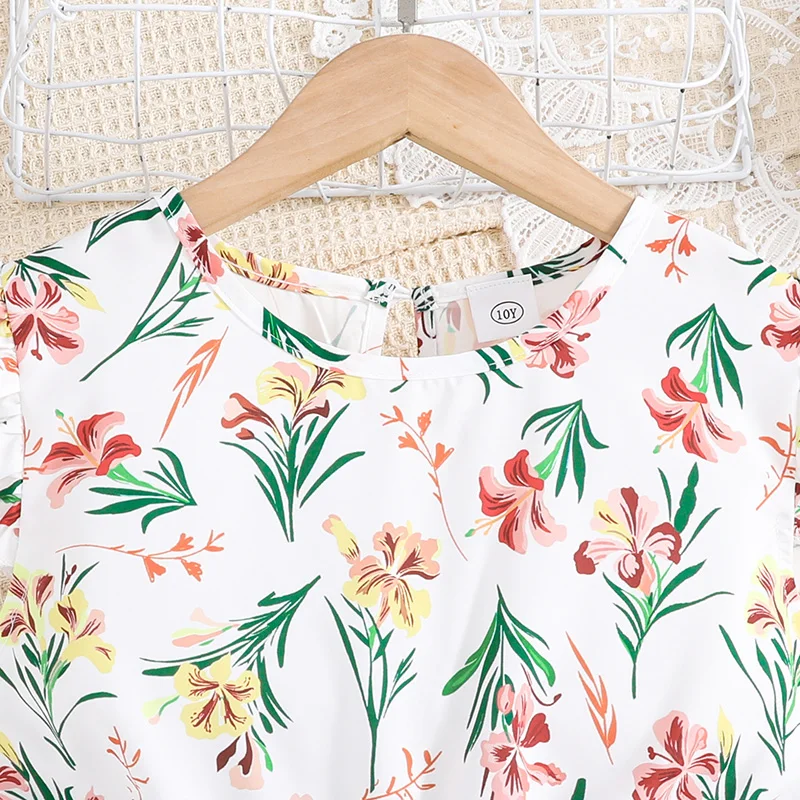 Printed Dress For Girls 8-12 Years Summer White Printed  Green Skirt Korean Fashion Style Kids Sets For Girls