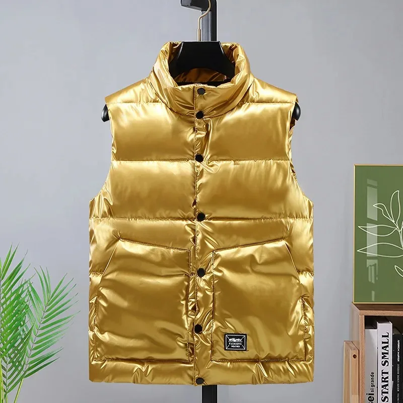 Fashion Glossy Vest Mens Sleeveless Jacket Winter Casual Coats Male Cotton-Padded Men's Vest Men Thicken Waistcoat