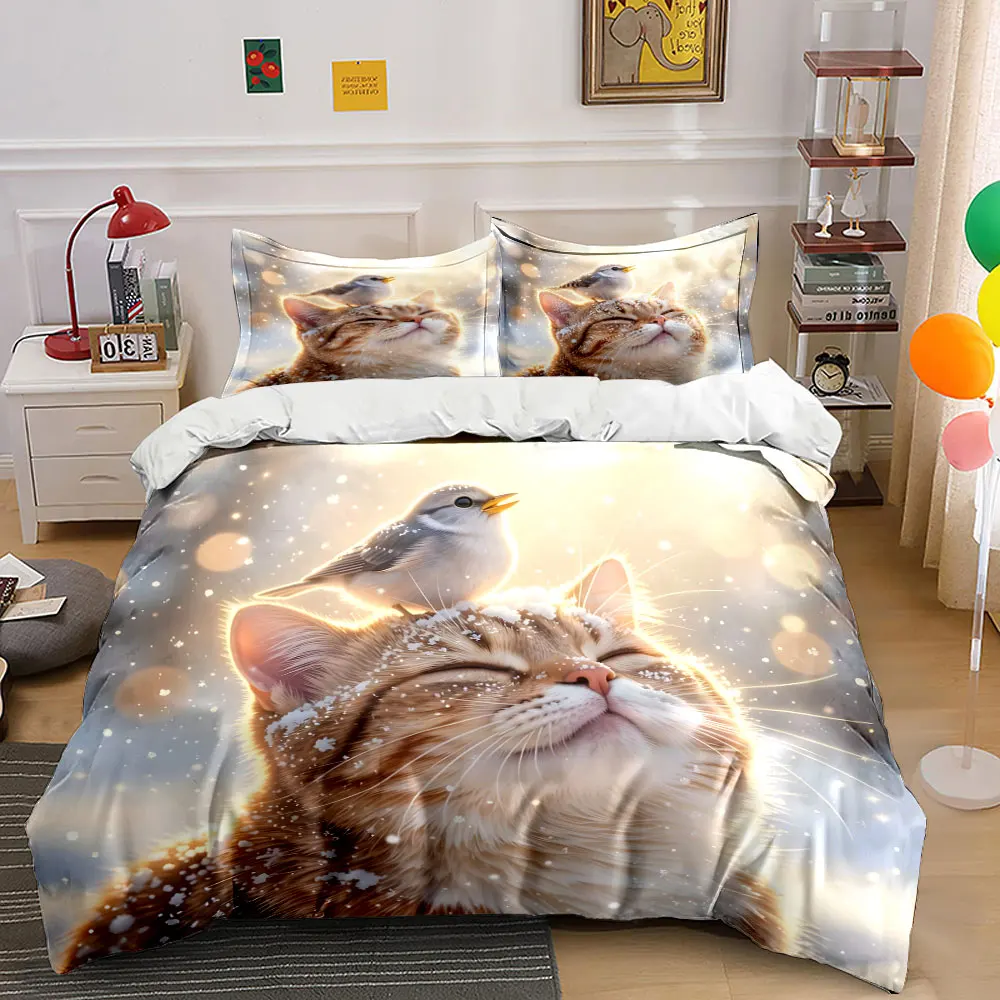The little bird was on the cat's head Print Bedding Set 1Duvet Cover 2 Pillowcases for Adult and Children Luxury Gift Full Size
