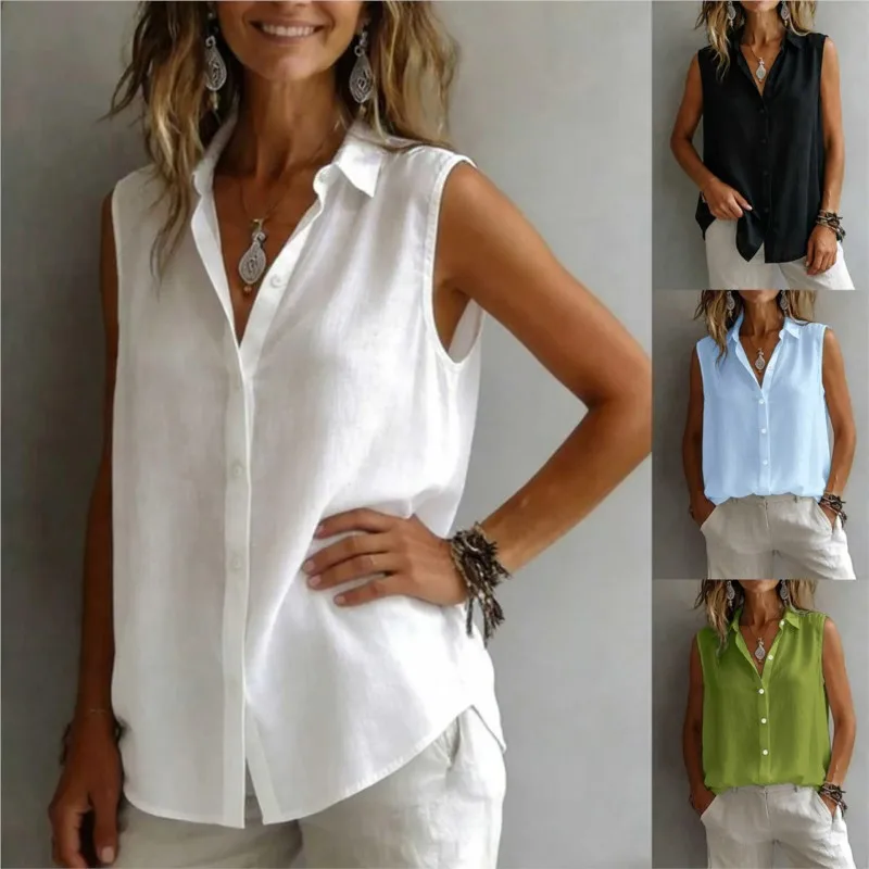

Summer Women's Blouses New Casual Lapel Sleeveless Loose Solid White Shirts Pullover Simple Tops For Women Streetwear Clothing