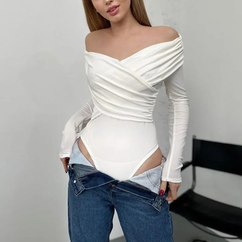 Women\'s Sexy V Neck Off Shoulder Rompers White Long Sleeve Folds Jumpsuits Spring Summer Solid Colors Slim Playsuits YWFD008