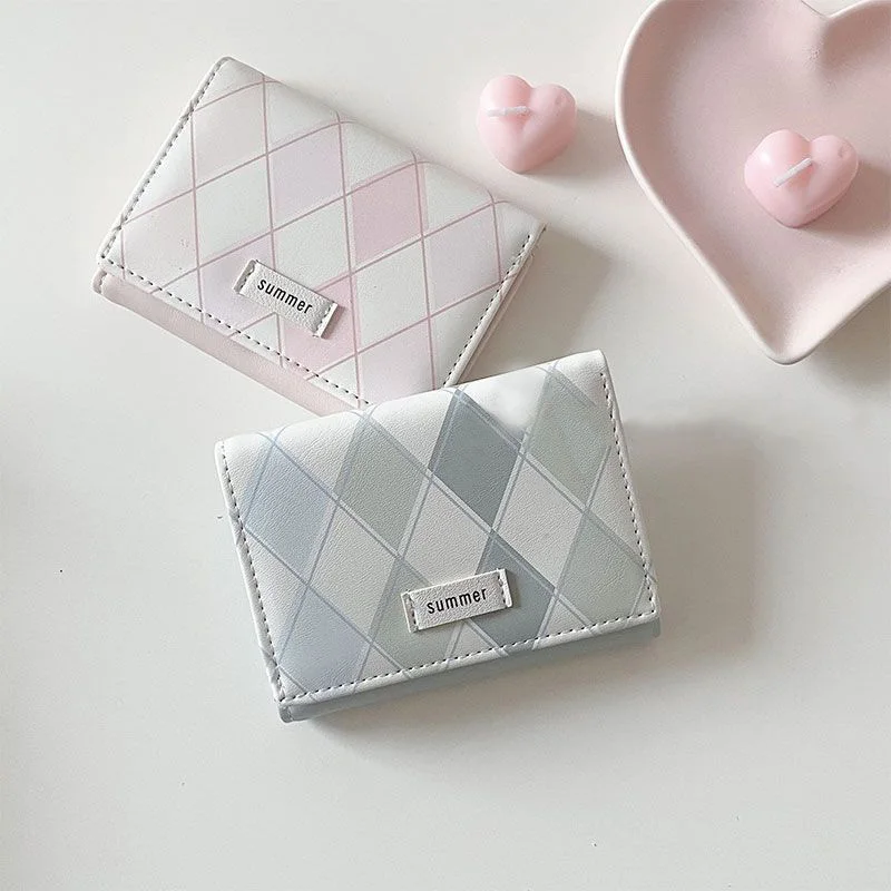 PU Leather Argyle Pattern Minimalist Sweet Style Short Wallet with Multi-card Slots