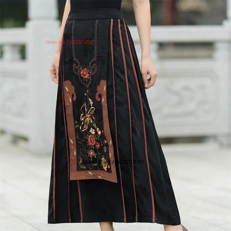 2025 chinese vintage skirt national flower embroidered traditional elastic waist a-line skirt ethnic jacquard improved skirt