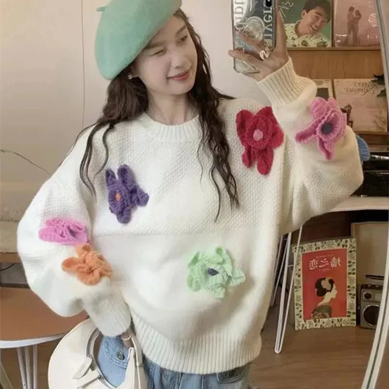 

3D Floral Sweet Knit Sweater Women Loose Casual Lazy Wind Cute Long Sleeve Pullovers French Fall Winter Solid O Neck Jumpers New