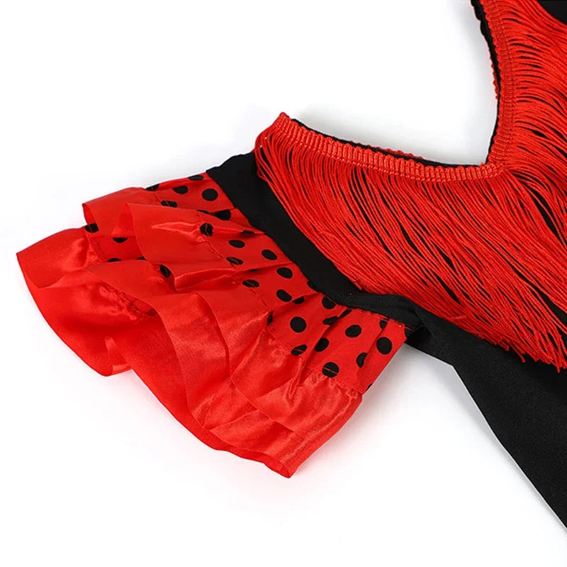 Spanisches Flamenco-Tanzkleid im mexikanischen Stil für Mädchen, 1–13 Jahre, schulterfreies Rüschen-Satin-Performance-Outfit