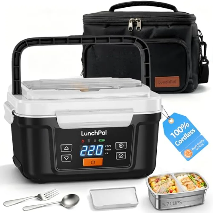 

Cordless Heated Lunch Box for Work, Truck, Outdoor Use: Stainless Steel, Black, 5-Side Heating, 220F, 13500mAh Battery, No Cold