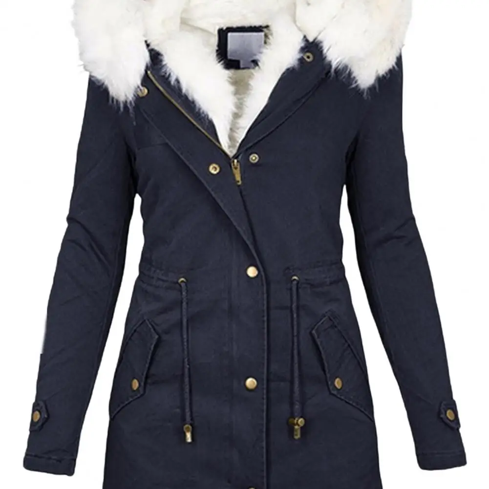 Lady Coat With Furry Hooded Plush Lined Mid Length Cold-proof Outerwear With Pockets And Drawstring Waist Daily Overcoat Jacket