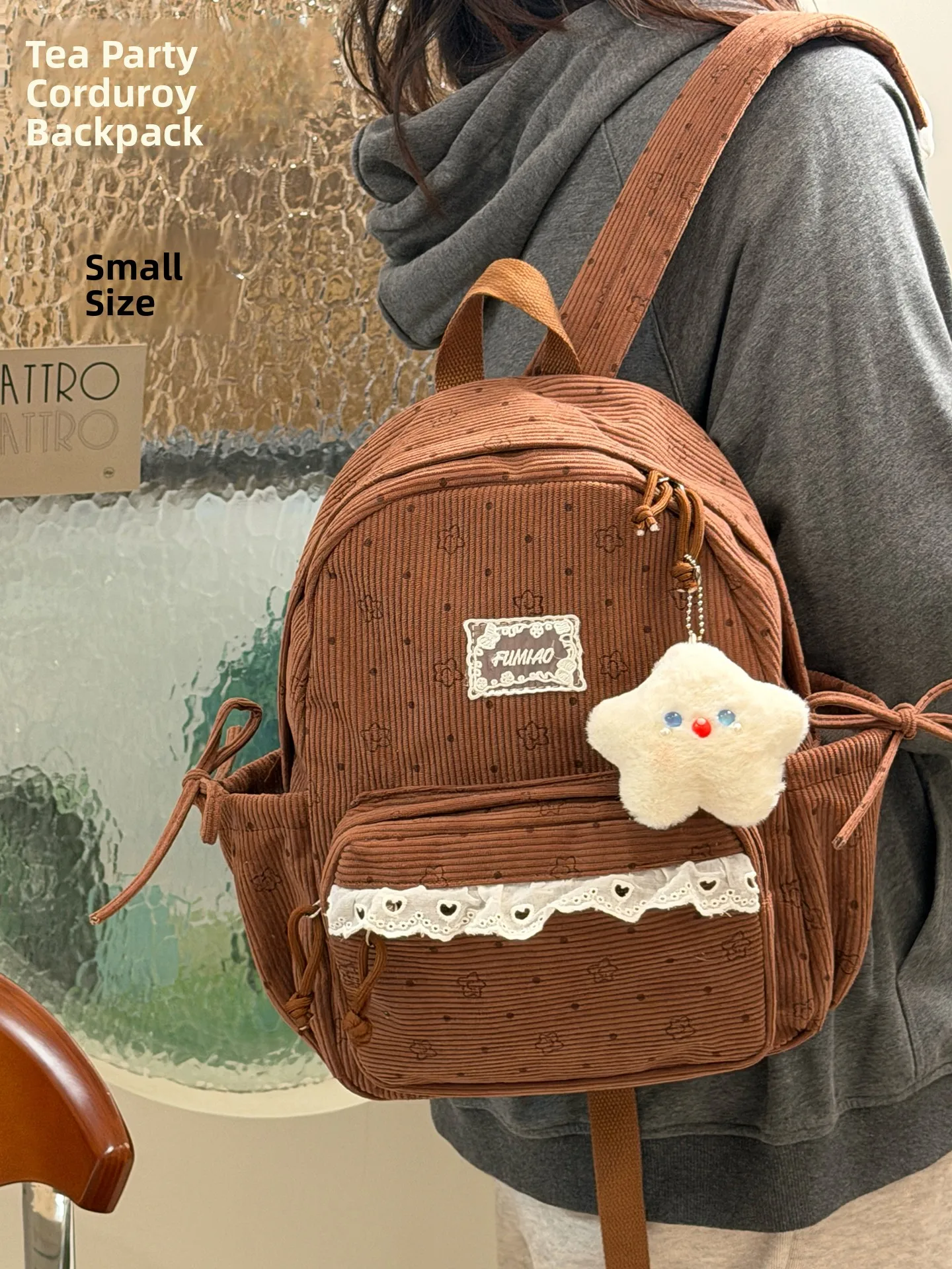 

Corduroy School Bag Women's Casual Lightweight Backpack Sweet College Style Zipper Closure Dual Straps Plastic Hardware
