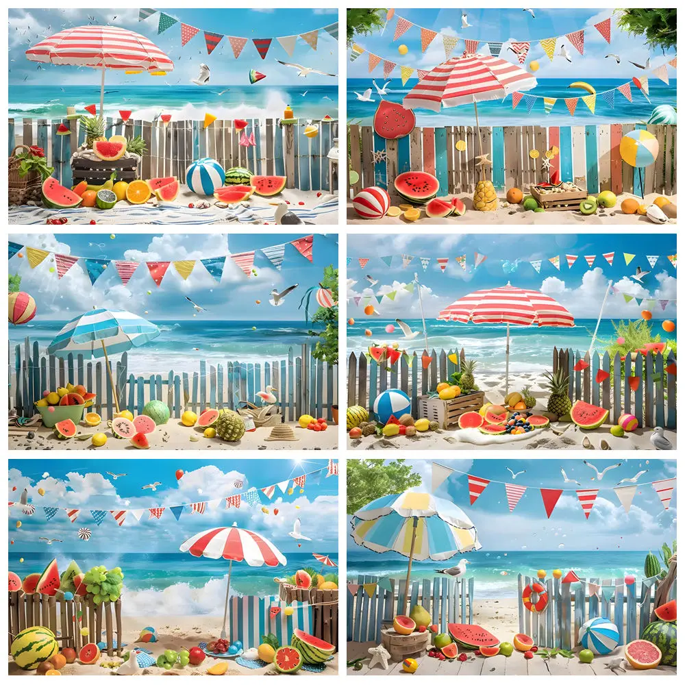 

Summer Beach Birthday Photography Background Seaside Fruit Watermelon Parasol Ball Vacation Party Decor Baby Adult Photo Studio