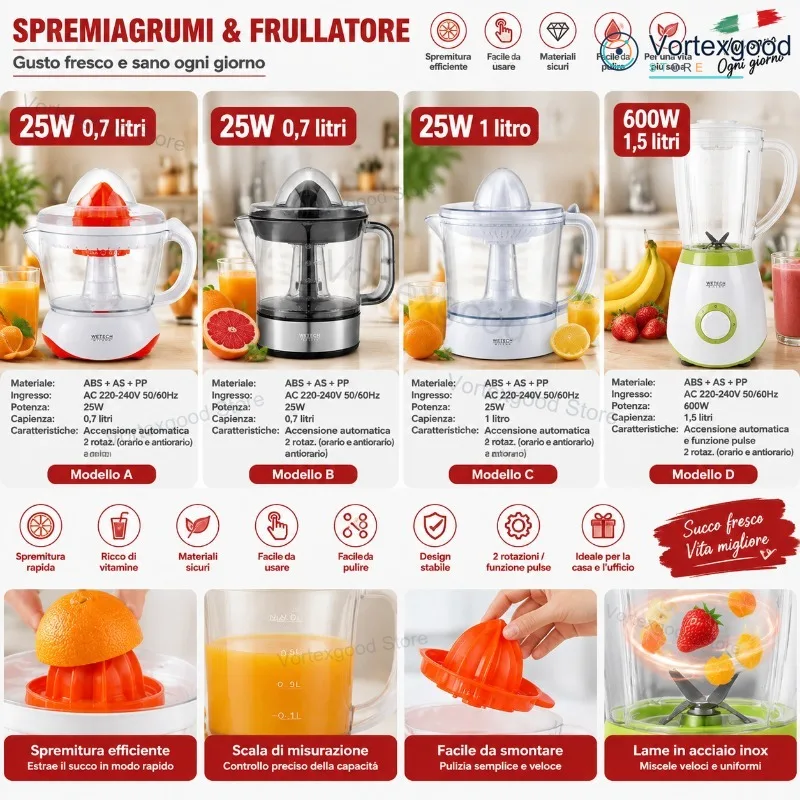 Collezione di spremiagrumi e frullatori elettrici: 25W, 600W, 0,7L, 1L, 1,5L. Spremiagrumi automatico per arance e limoni, estrattore di succo a doppia rotazione, frullatore da banco con funzione