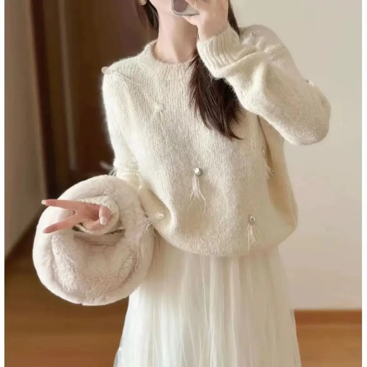 Gagaok Feather Sequin Studded Diamond Knitted Sweaters Women Gentle Round Neck Pullover Outwear Casual Long Sleeve Top