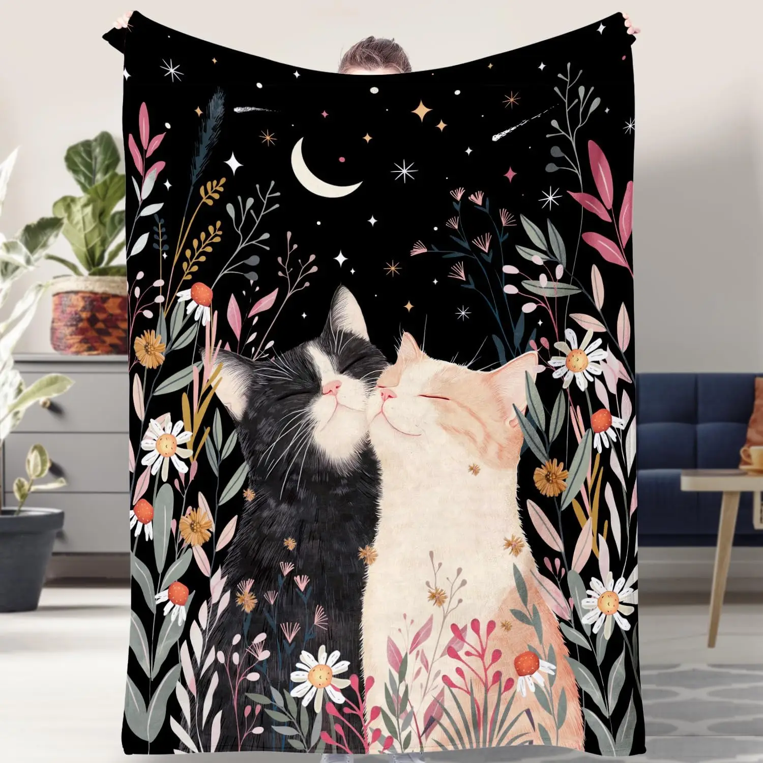 

Cute Cat Throw Blanket for Cats Lover Floral Plant Bed Blanket Moon and Star Blankets Cozy Fuzzy Plush Throw Blanket for Couch
