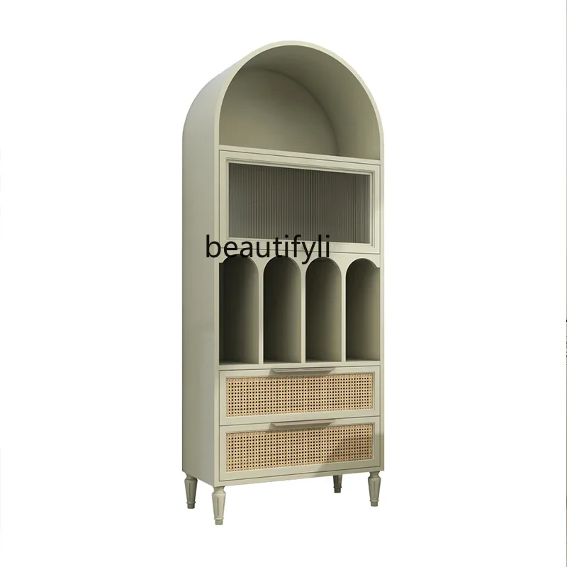 zqAmerican Bookcase Simple Bookcase Rattan Floor Dining Cabinet Green Storage Cabinet Study File Cabinet