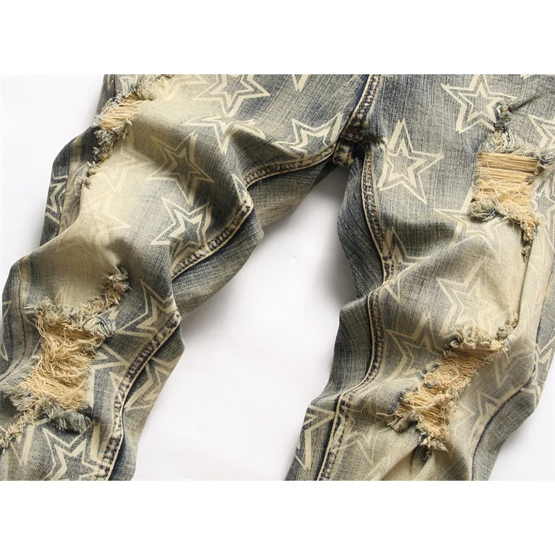 American Retro Printed Jeans Men's Ripped Street Trend Stretch Slim Fit Skinny Pants High-End Motorcycle Men's Clothing