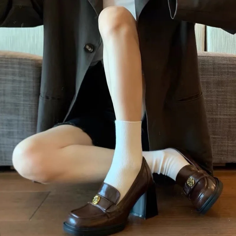 

British Style Loafers for Women Vintage Square Toe Chunky Heel Slip On Work Flats Preppy Oxford Commuter Shoes