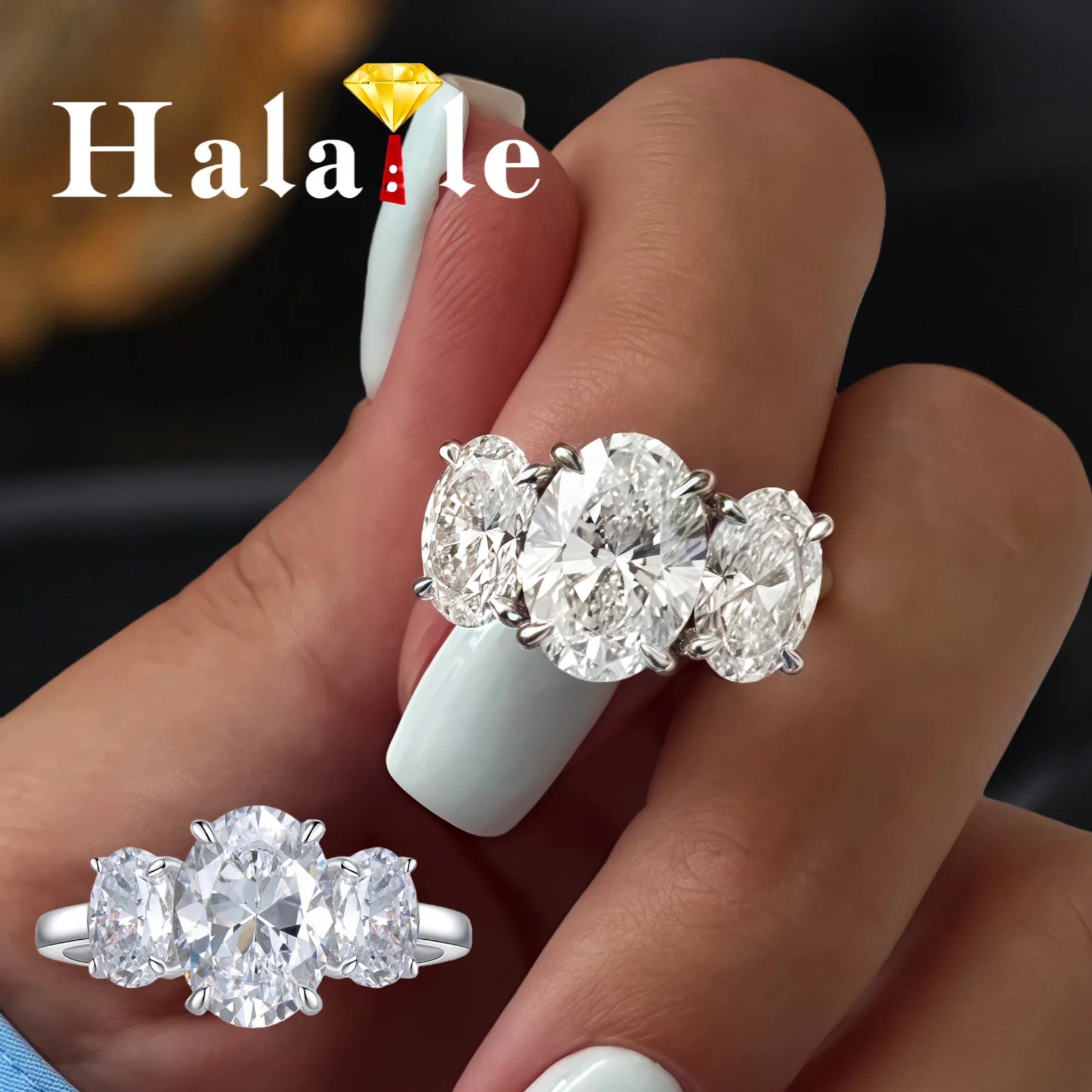 

Halaile 3-6CT ALL Moissanite Diamond Oval Ring For Women S925 Sterling Silver Fine Jewelry Sparkling Wedding Engagement Gift