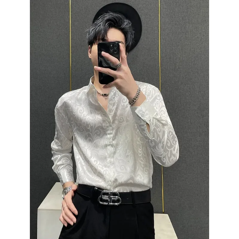 

Men's Black Satin Jacquard Long Sleeve Shirt Vintage Floral Pattern Casual Streetwear Shirt