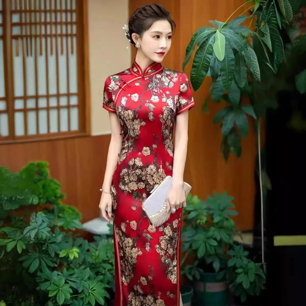 High-End Quality Real Silk Cheongsam Qipao Summer Women's Retro Improved Dress Long Chinese Style Dress