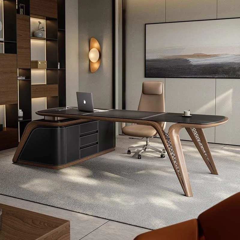 

High-end light luxury saddle leather desk, high-end solid wood desk
