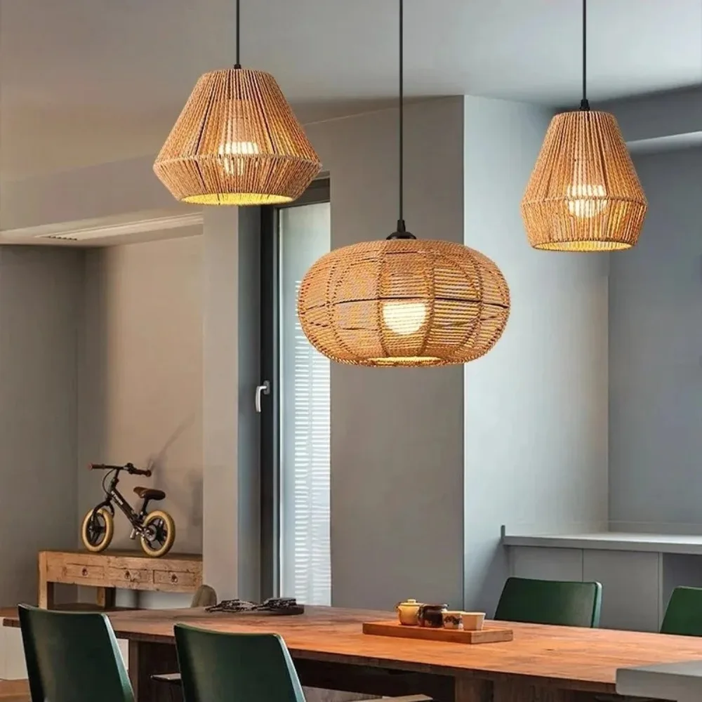 Vintage Chandelier Pendant Light E27 Rattan Ceiling Light Fixture Retro Ceiling Lamp for Living Room Kitchen Bedroom Cafe Bar