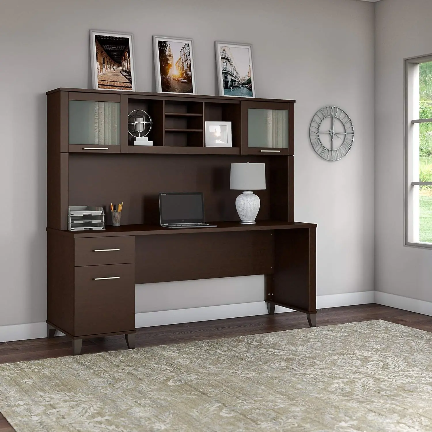 72W Office Desk with Drawers and Hutch in Mocha Cherry Plenty of Room To Spread Out with A Computer and Paperwork