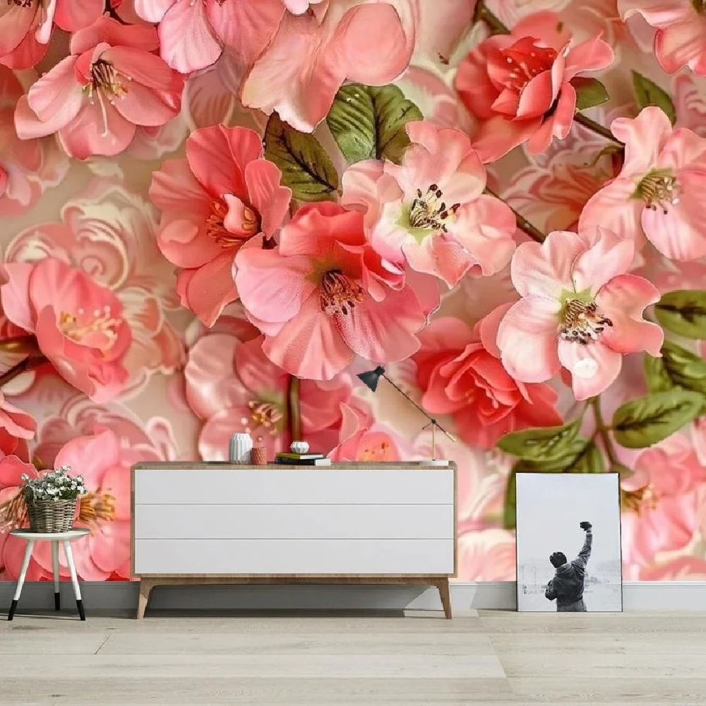 Nordic Pink Flower and Flower wallpaper customization fashion bedroom background wall decoration Customized Wallpaper painting