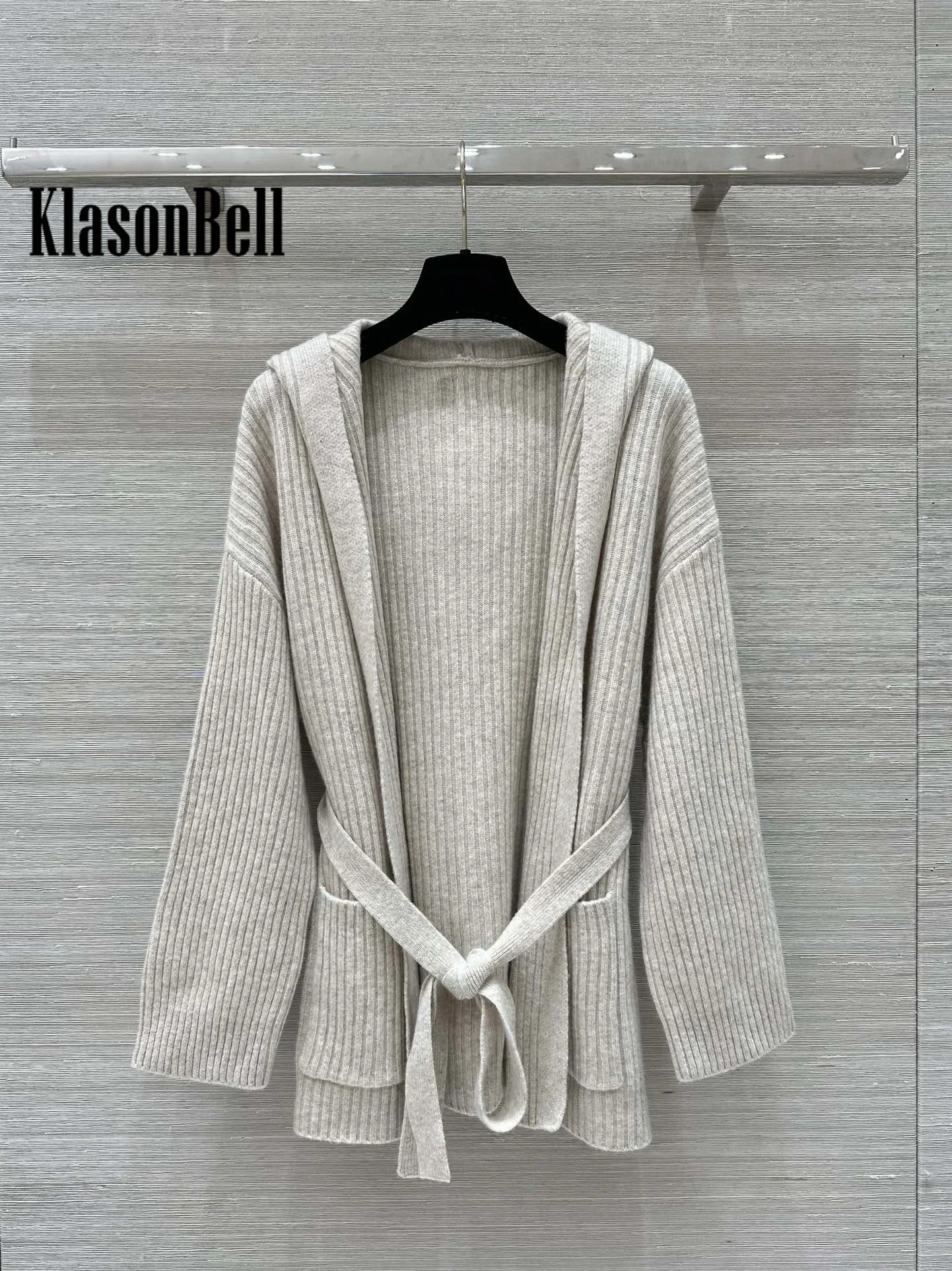 10.11 KlasonBell Women\'s Fashion Double Pocket Bandage Cardigan Coat Or Drawstring Elastic Waist Wide Leg Pants Wool Knit Set