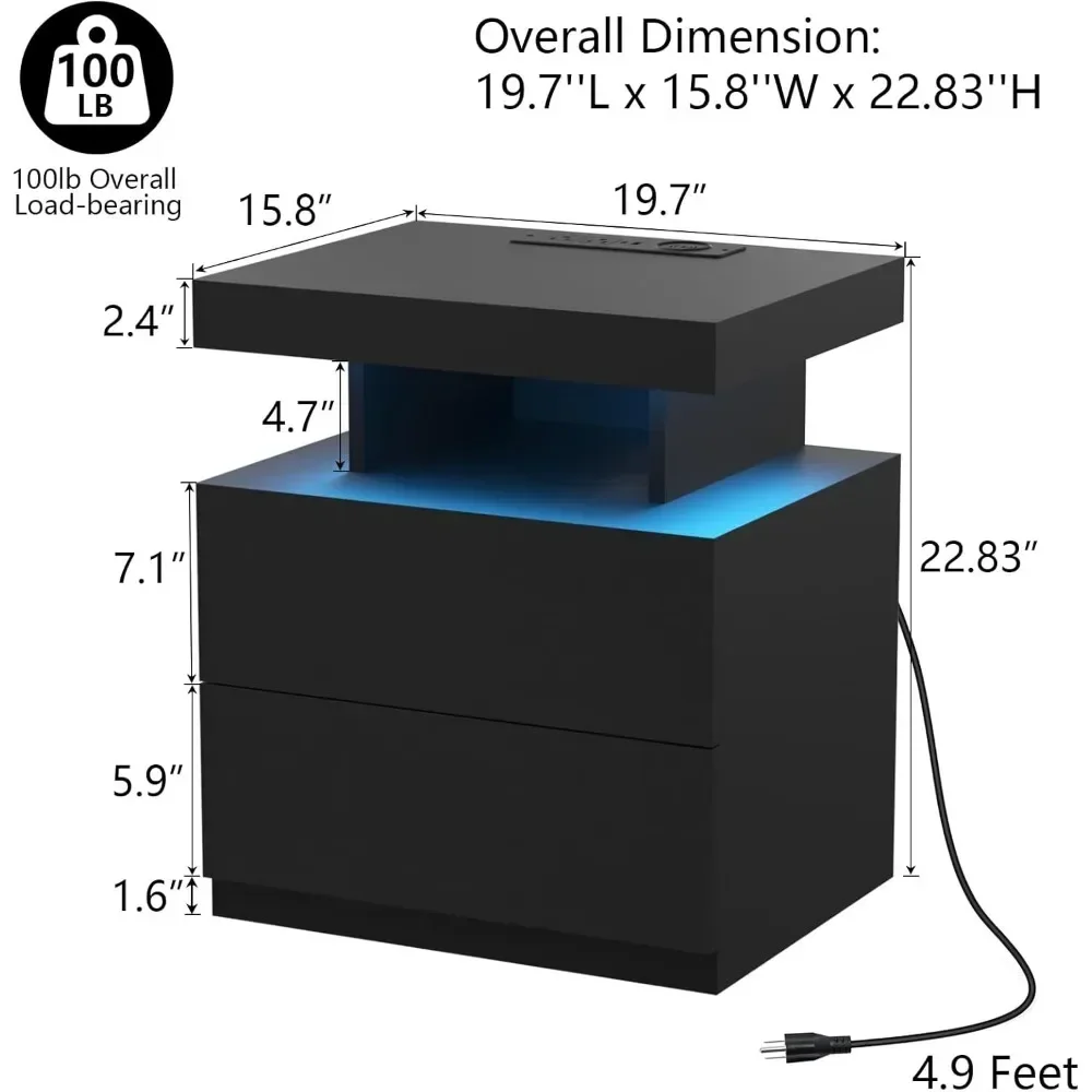 

LED Nightstand with Charging Station, Bed Side Table with 2 Drawers & Wireless Charging Station, Smart LED Nightstand