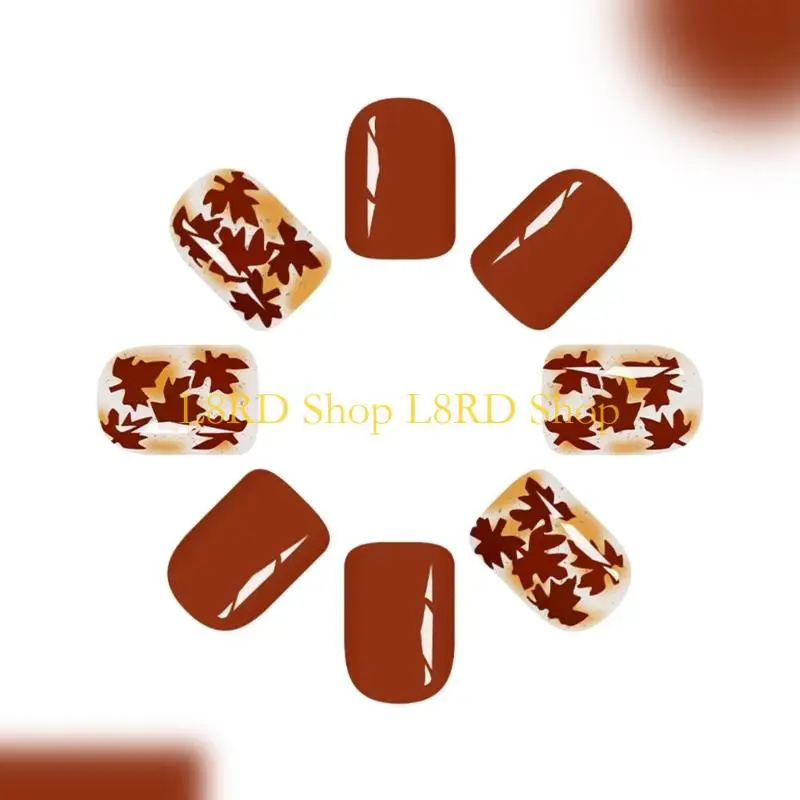 L8RD 24Pcs Maple Themed Press on Tips European Design Short