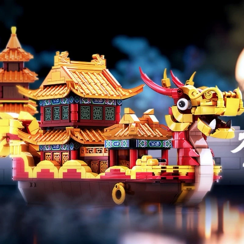 

Traditional Chinese Ancient Building Bricks Set Qinhuai River Painting Boat Leifeng Pagoda Mini Particle Assembly Model Toy Boys