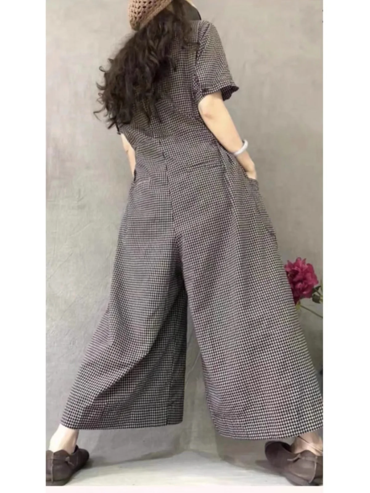 Summer Faion Pleated Plaid ort Sve Rer Wide Leg Pants Casual round Ne High Waist Straight Cut Women's plus Size