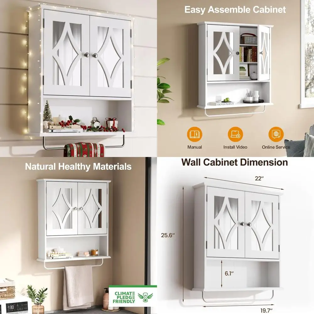 

Bathroom Medicine Cabinet Wall Mounted, Over The Toilet Storage Cabinet with Towel Rack and Adjustable Shelf, Large Bathroom Tow