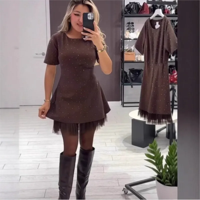 Mini robe élégante en diamant pour femmes, manches courtes, col rond, fil de maille épissé, jupe trapèze en dentelle, robes de soirée de vacances