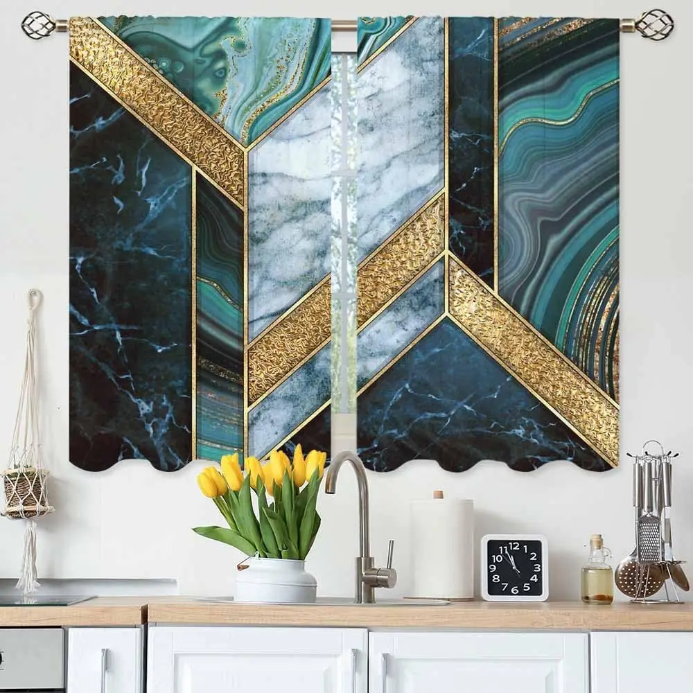 Modern Marble Kitchen Curtains Green and Gold Geometrical Fashion Marbling Short Tier Curtains for Bathroom Cafe Small Window