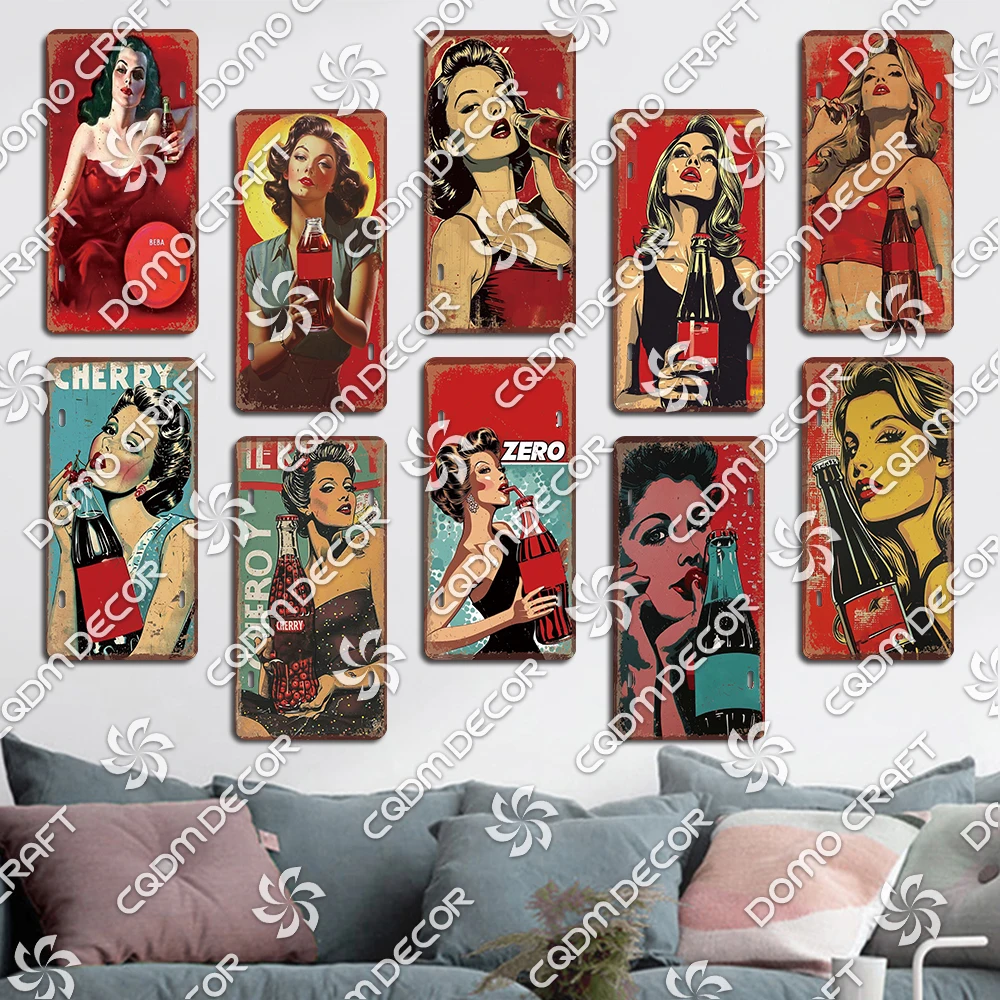 Drink Cola Poster License Plates Retro Cherry Sexy Girls Metal Tin Sign Wall Decor for Cafe Bar Pub Club Home 15x30cm