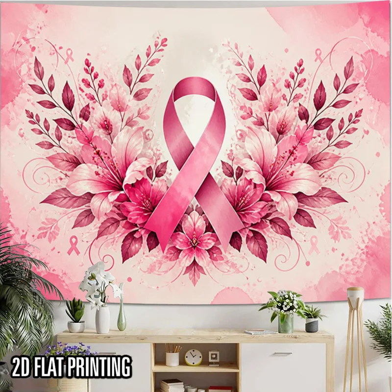 Pink Ribbon Tapestry, Floral Breast Cancer Awareness Wall Hanging, Hope Support Decor, Boho Living Room Bedroom Background Art