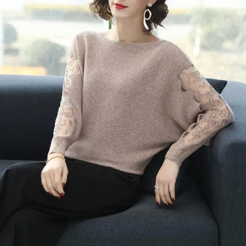 Camicia autunnale Bottoming Office Lady Patchwork tinta unita Slash Neck pullover con maniche a pipistrello Ladies elegante maglione allentato in