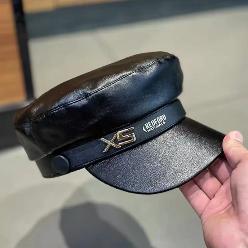 1pc Faux Leather Newsboy Cap Gold Chain Decor Flat Brim Military Style Baker Boy Hat Vintage Fashion Peaked Cap for Daily Outfit view 6