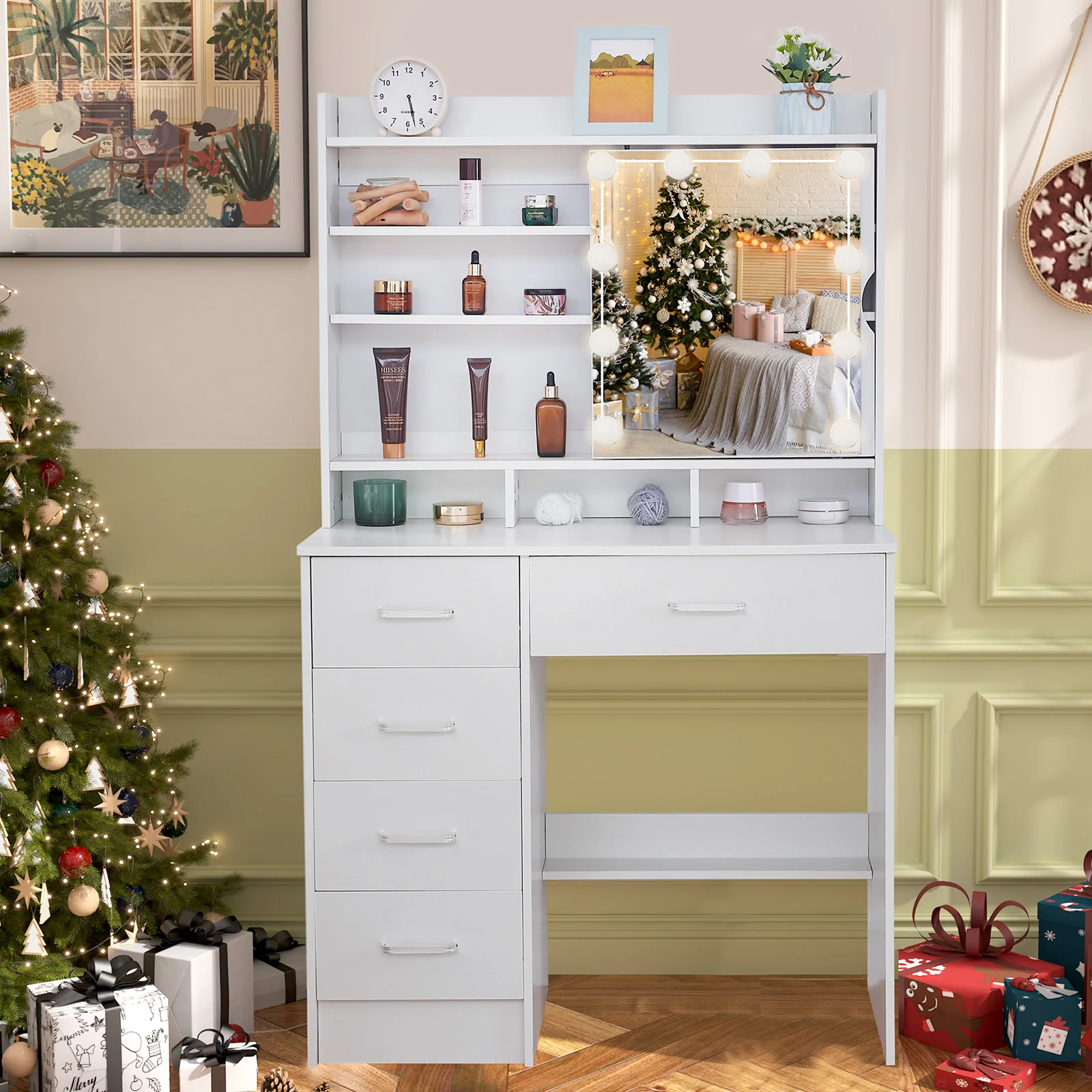 【صفقات 11.11، عروض الجمعة السوداء 2025】مجموعة طاولة مكياج لخزانة الملابس مع مرآة مضاءة بإضاءة LED + 5 أدراج