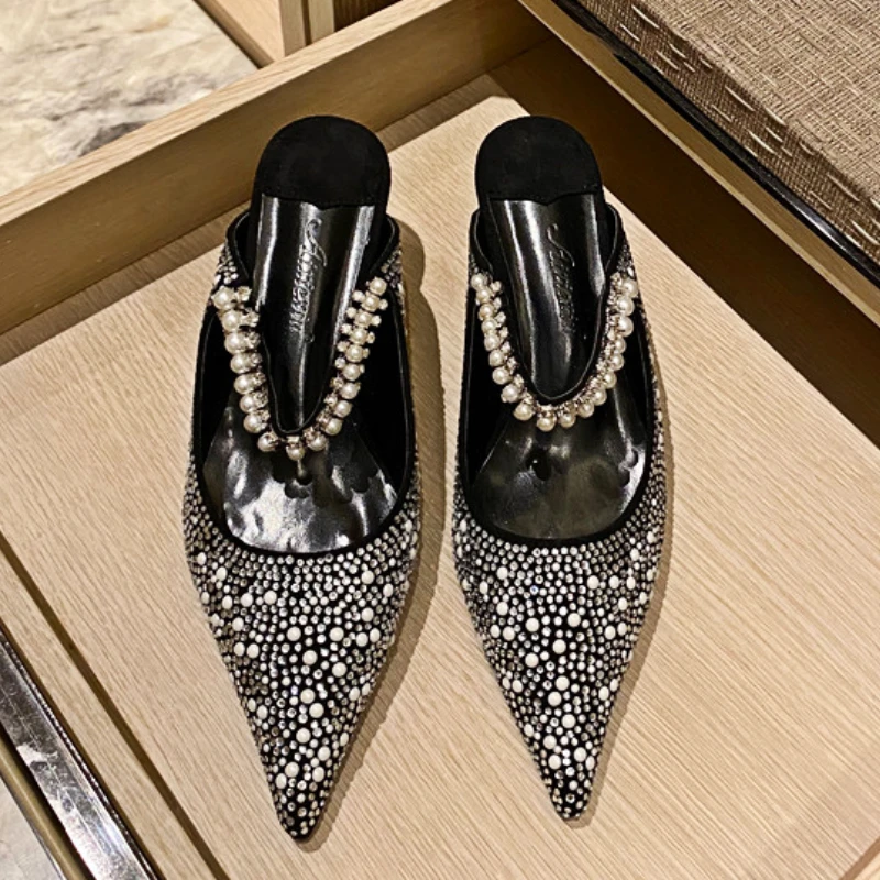 Rhinestone Luxury Sandals Women Pointed Toe High Heels Flip-flops Female Shiny Designer Slipper Women Fashion Mule Pumps Women