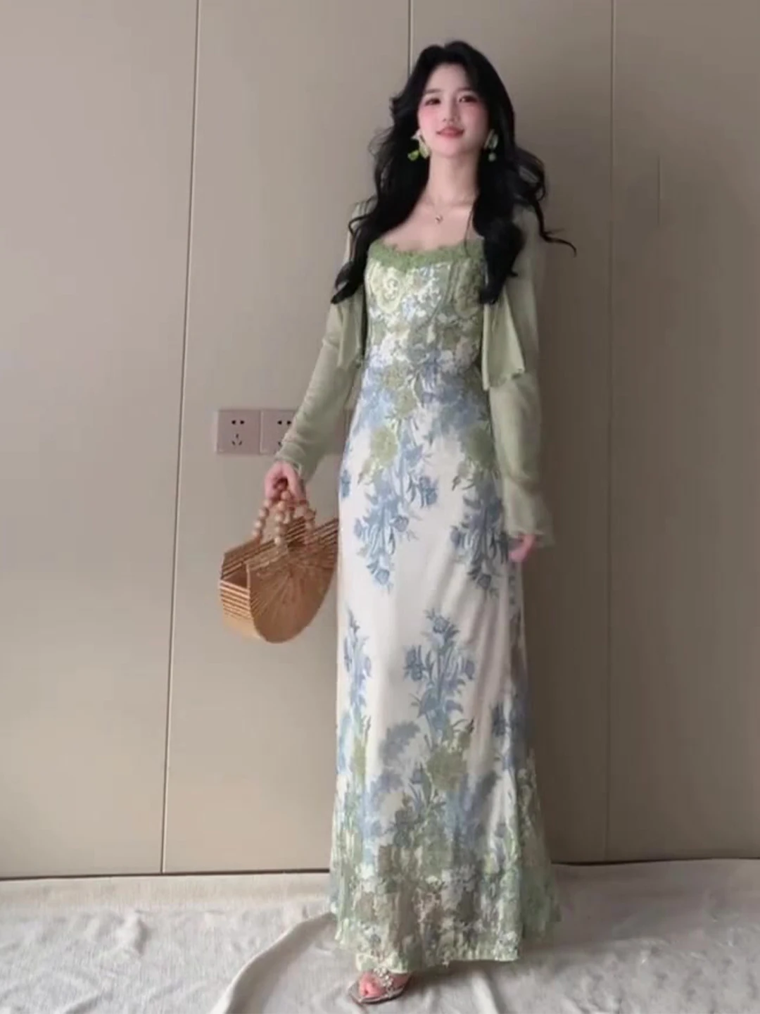 Beach Vaion Sle ter Dr Cardigan Oberbekleidung Taillenbetonter langer Rock Sommer Damen Französischer Sle Blumendruck Zweifarben...