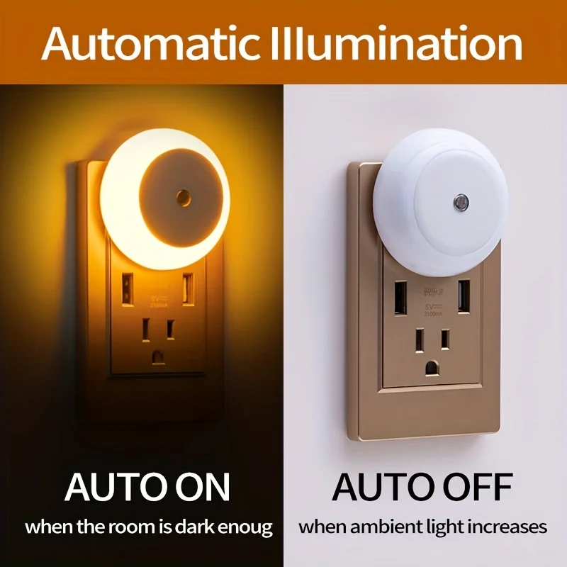 1pc Plug-in LED Night Light Dusk To Dawn Sensor Smart Wall Night Light For Bathroom Bedroom Home Kitchen Hallway Round Lamp