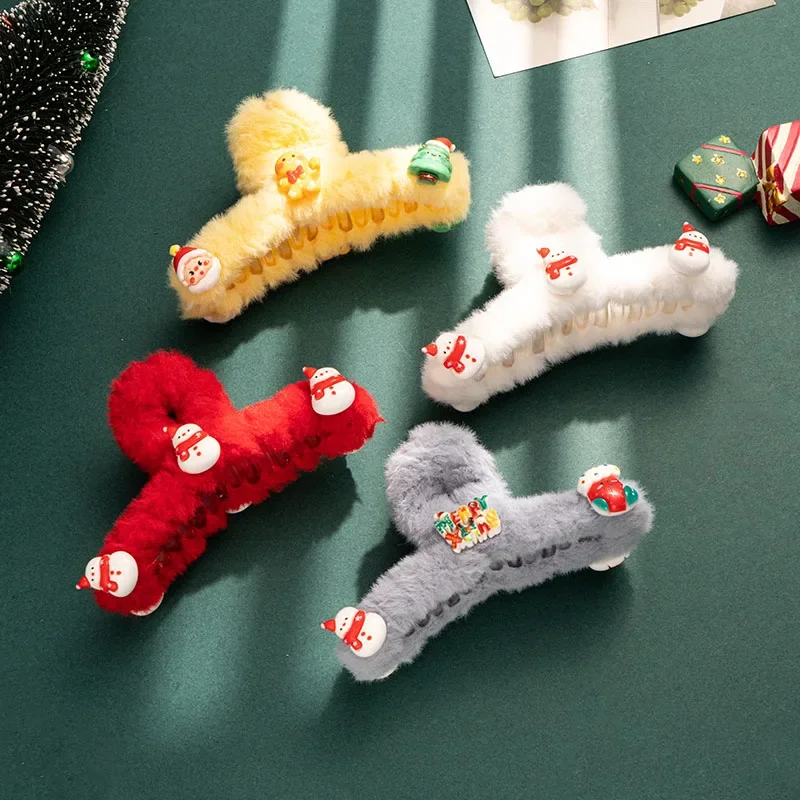 Christmas Plush Claw Clips Women Strong Hold Cute Santa Claus Claw Clips Non-Slip Hair Clips for Straight Curly Wavy Hair